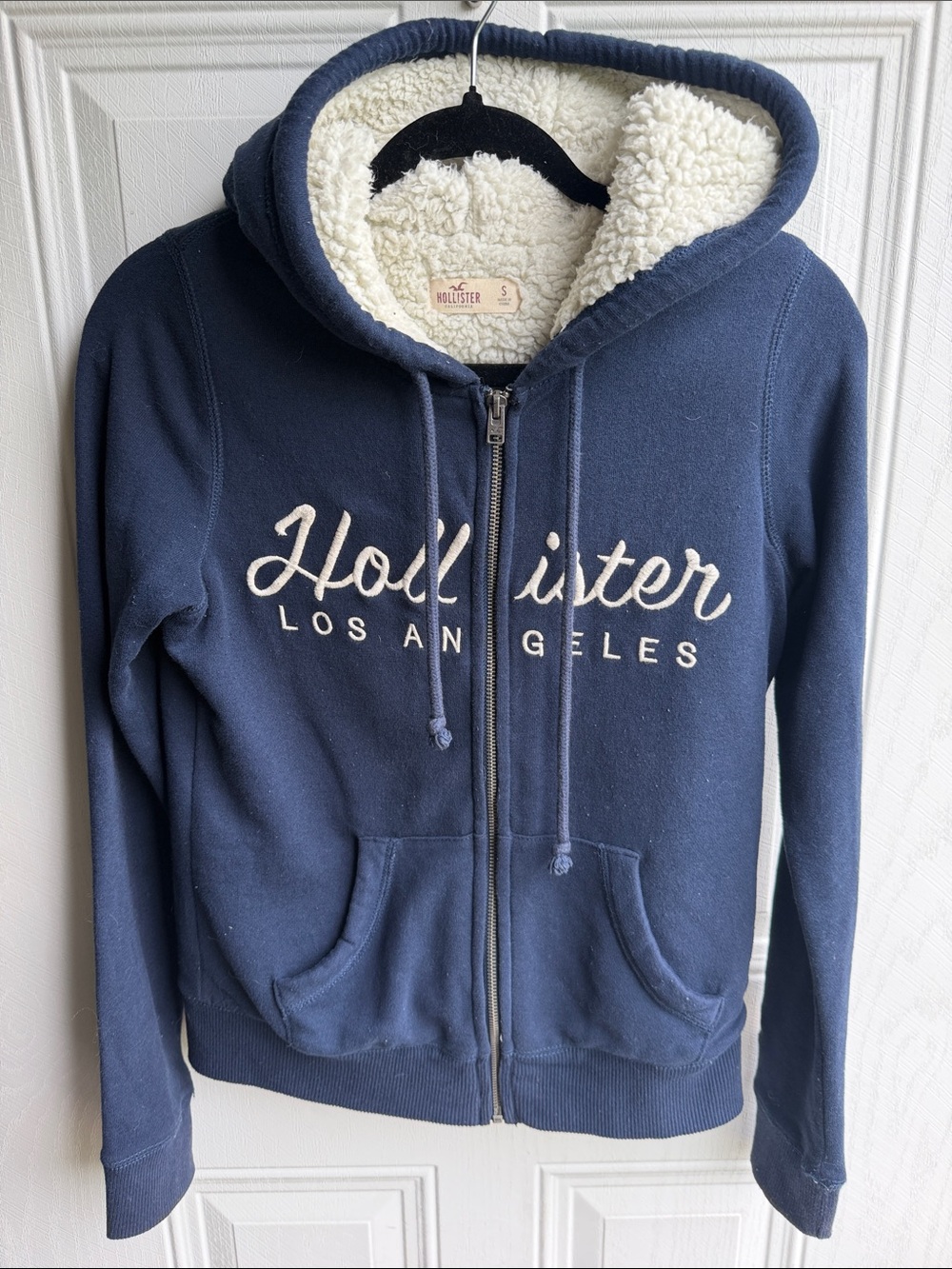 Hollister Y2K Navy Blue Sherpa Lined Zip Up Hoodie Cozy Winter Preppy Jacket S